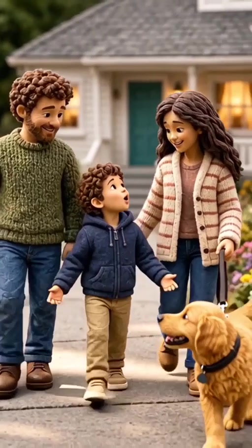 Clay family walking home together with their dog